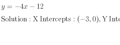 The y=-4x-12 is X Intercepts: (-3,0),Y Intercepts: (0,-12)